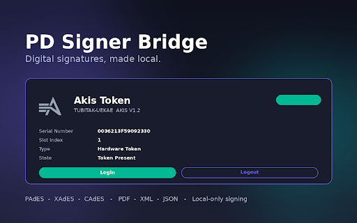 PD Signer Bridge :: Sign PDF, XML and JSON files locally using your e-imza smart card or USB token via the PD Signer desktop app.