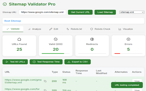 Sitemap Validator Pro :: Check URL status codes, analyze performance metrics, visualize results, verify robots.txt rules, and edit sitemaps.