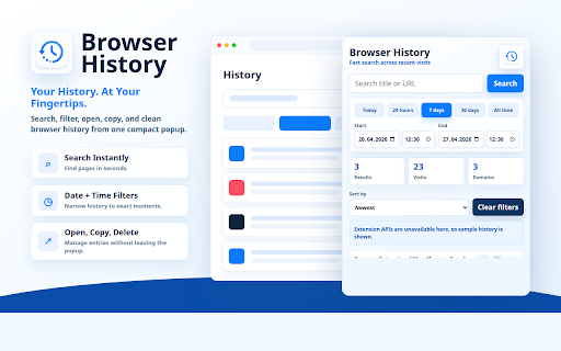 Browser History :: Search, filter, open, copy, and clean browser history from a compact toolbar popup.