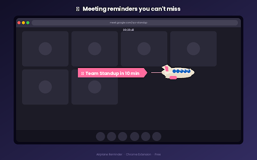 Custom Meeting Reminder :: Playful animated characters fly across your screen before Google Calendar meetings. 12 styles: airplane, T-Rex, Deadpool, and more.