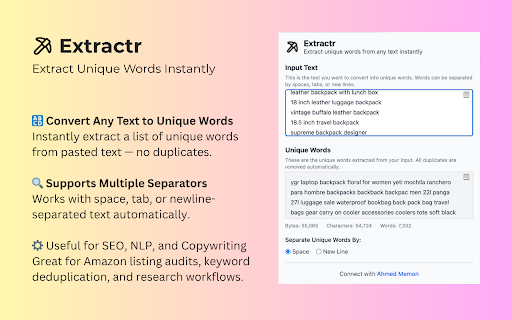 Extractr – Unique Word Extractor :: Extract unique words from any pasted text. Space, tab, or newline-separated input supported.