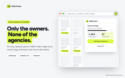 FSBO Finder :: Find private-seller (FSBO) listings on Idealista. Agencies filtered out, every page read, CSV export and email digests.