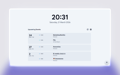 New Tab Calendar :: Replaces new tab with time, date, and upcoming Google Calendar events.