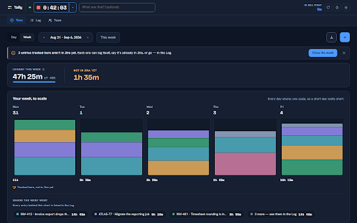 Tally :: See your Jira worklogs as a timesheet, track time locally, and log the time Jira is missing.