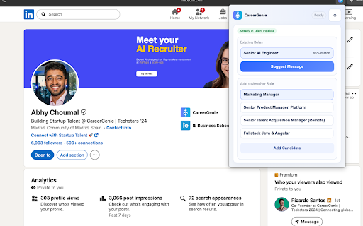 CareerGenie Talent Outreach Manager :: Detect LinkedIn profiles, check pipeline, add to roles, and suggest outreach messages.
