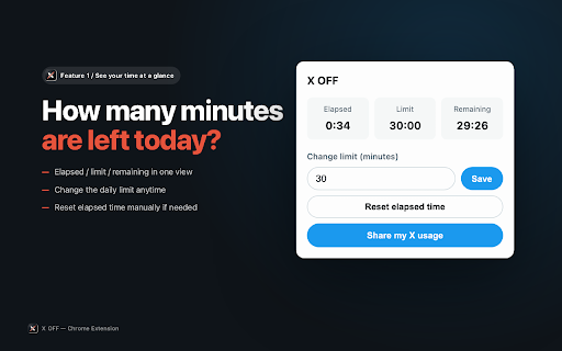 X (Twitter) OFF: Daily Time Limit for X :: Set a daily time limit on X. Active viewing is measured; scrolling is blocked when the cap is reached. You can lift it yourself.