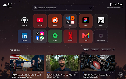 Dial & Digest - New Tab, Speed Dial & News Feed :: New tab dashboard: speed dial shortcuts & folders, live RSS news feed, weather, clock, search bar, custom backgrounds.