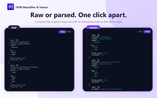 JSON Beautifier & Viewer :: Make raw API responses readable with JSON Beautifier: automatic formatting, collapsible trees, syntax highlighting, and dark mode.