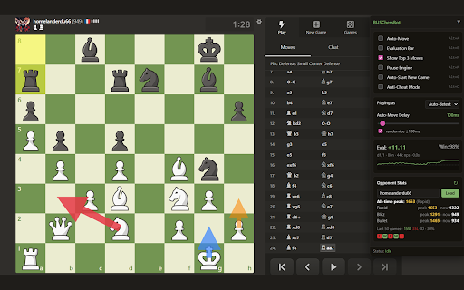 RUSChessBot :: Stockfish chess analysis for chess.com — live evaluation, top-3 move suggestions, opponent stats, and coaching.