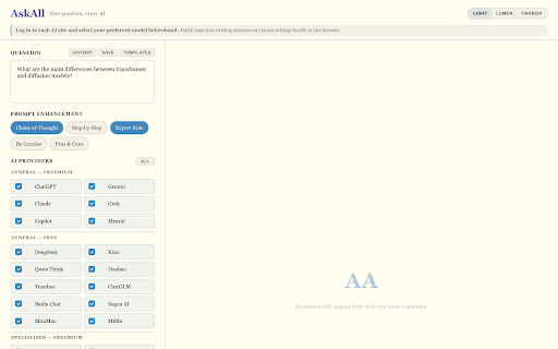 AskAll — Ask Multiple AI Chatbots, Compare Side by Side :: Send one question to ChatGPT, Gemini, Claude, DeepSeek, Grok and 20+ AI provider presets. Compare responses side by side.