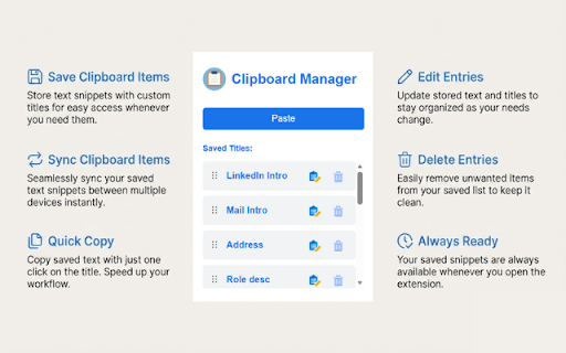 Clipboard :: Advanced clipboard manager to save, edit, delete, and reorder text snippets easily, with titles for quick access.