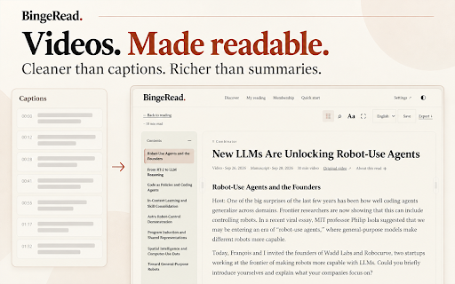 BingeRead: Read YouTube & Bilibili :: Turn YouTube and Bilibili videos into readable manuscripts. Save your reads, export Markdown and continue on the web.
