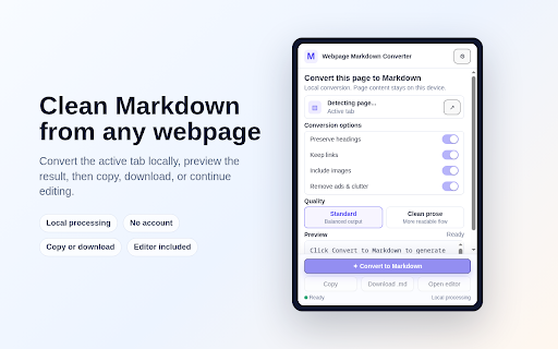 Webpage Markdown Converter :: Convert the current webpage into clean Markdown locally in your browser.