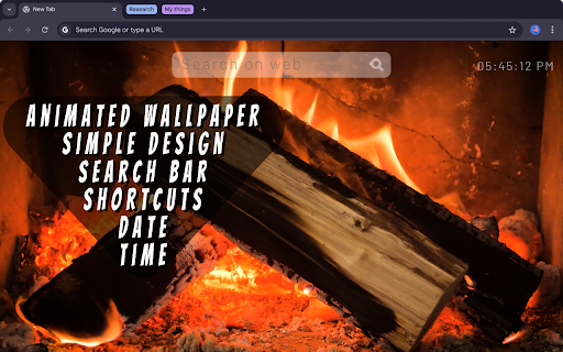 Fire Fireplace Burning Live Wallpaper :: Immerse yourself in the warmth of a crackling fire with this Chrome extension featuring a realistic, burning fireplace.