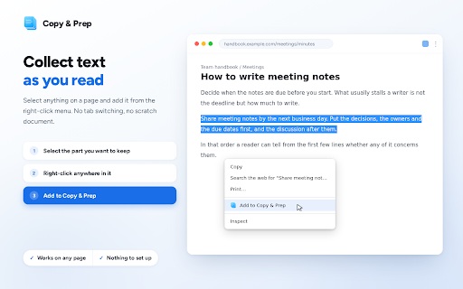 Copy & Prep — Text from here and there, copied together. :: Stop copying, pasting, then fixing. Collect text as you browse, get the order and line breaks right, then paste it all at once.