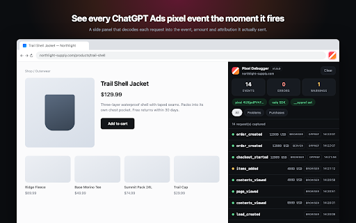 ChatGPT Ads Pixel Debugger :: Watch and validate every event your site sends to the ChatGPT Ads measurement pixel.