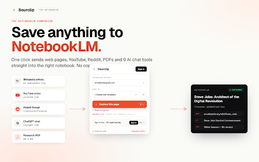 Sourclip — NotebookLM Research Workspace :: The complete workspace for Gemini NotebookLM — capture AI chats, discover sources, organize knowledge, and listen anywhere.