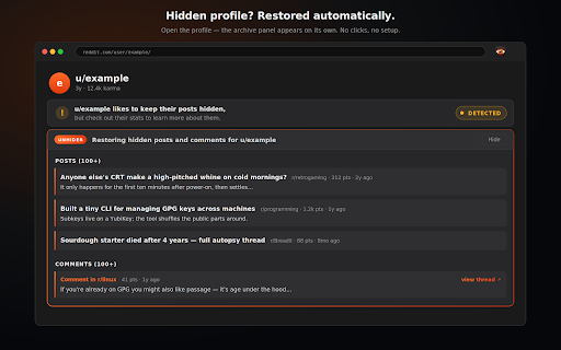 Reddit Profile Unhider :: Reveal Reddit content that's been hidden on a user's profile, removed by mods, or deleted.