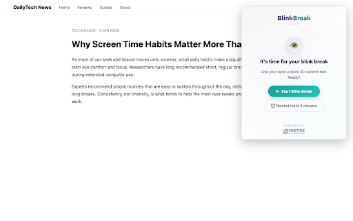 BlinkBreak :: Take a 20-second blink break every 20 minutes to reduce eye strain. Powered by Pristine Eye Hospitals.
