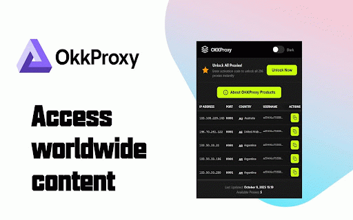 OKKProxy - Free Proxy List & Manager :: Free proxy list manager with 100M+ residential, ISP, mobile & datacenter proxies. Bypass IP bans and CAPTCHAs effortlessly.
