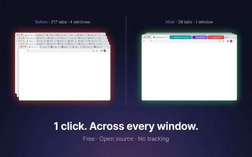 Tab Vacuum :: One click — remove duplicate tabs across all windows, then group what's left by website.