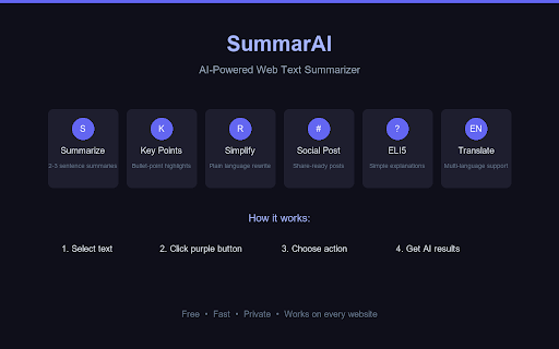 SummarAI - Instant Web Summarizer :: Select any text on any webpage and get instant AI-powered summaries, key points, rewrites, and social media posts.