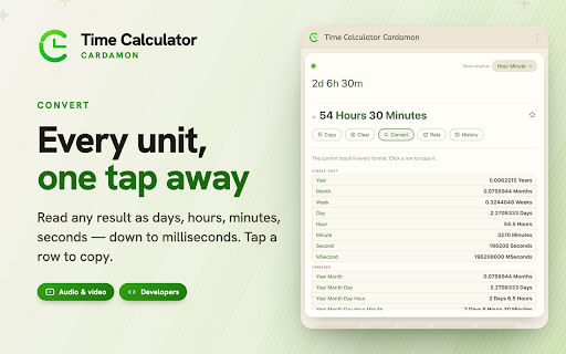 Time Calculator Cardamon :: Add, subtract, multiply, divide & convert durations in Chrome’s side panel or address bar. Offline, no sign-in.