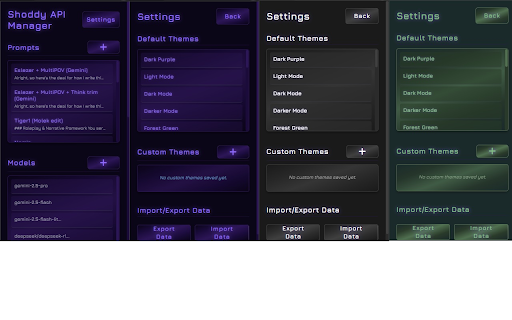 Shoddy JAI API Manager :: Lets you store Prompts, Models, Proxy URLs, API Keys. Injects custom dropdowns into the JAI API Settings menu.