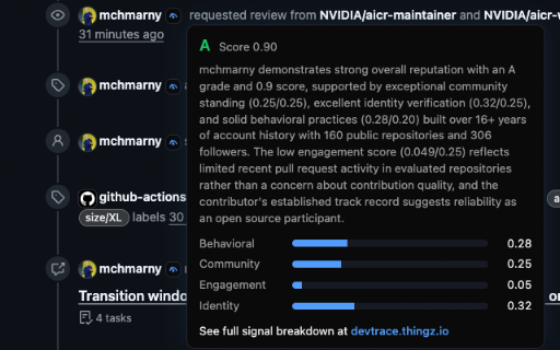 DevTrace for GitHub :: Shows DevTrace contributor trust scores inline on GitHub.