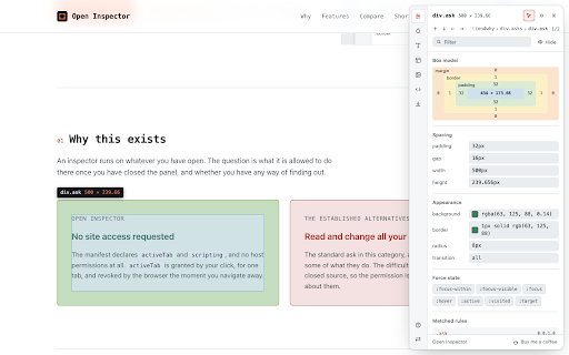 Open Inspector :: Inspect layout, styles and design tokens on any page. Free, open source, and never sends anything anywhere.