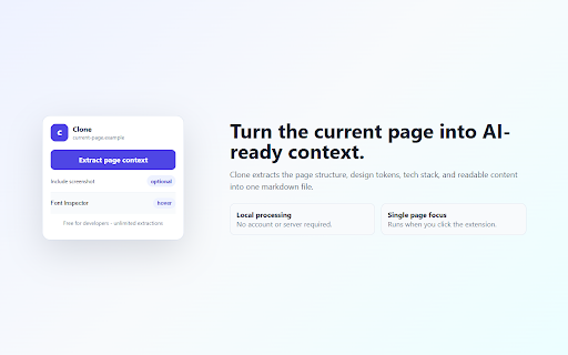 Clone :: Extract web page context into AI-ready markdown: tech stack, design tokens, structure, and readable content locally.