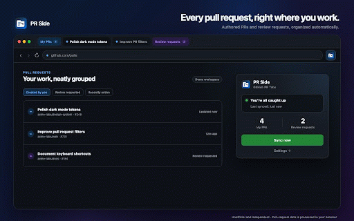 PR Side – GitHub PR Tabs :: Unofficial helper that organizes your GitHub pull requests into Chrome tab groups.