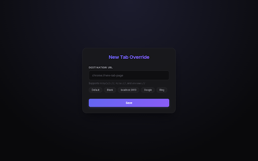 New Tab Override :: Override your new tab page to a custom URL.
