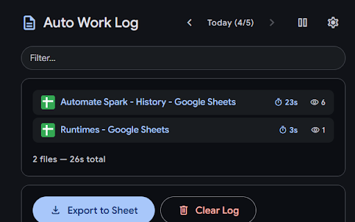 Auto Work Log :: Tracks Google Docs visits and time spent, then exports a daily summary to a Google Doc.