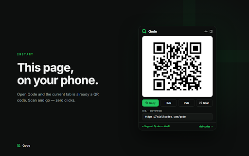 Qode — QR Code Generator & Scanner for Any Page or Text :: Generate & scan QR codes on any page. URL, WiFi, vCard, text & more. Style with colors, logo, export PNG/SVG. 100% local, no signup.