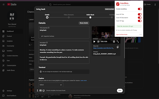 AutoMeta for YouTube Studio :: Auto-fill YouTube Studio uploads with title, description & tags from your MP4 file metadata.