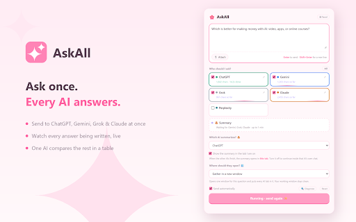 AskAll :: Ask once, get answers from ChatGPT, Gemini, Grok, Claude and Perplexity — then have one of them summarize the rest.
