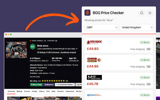 BGG Price Checker :: Compare board game prices from multiple retailers while browsing BoardGameGeek, as well as shipping costs, and availability