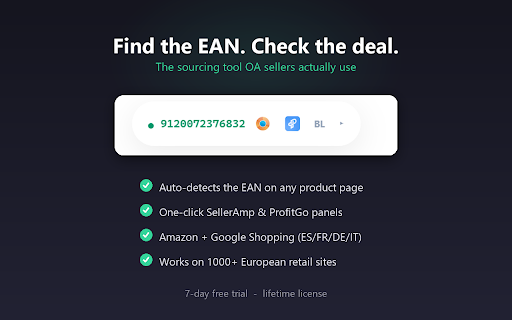 EAN Snap — Barcode Finder for FBA :: Snap EAN barcodes on 1000+ EU retail sites. One-click SellerAmp & ProfitGo panels without leaving the page. For FBA arbitrage.