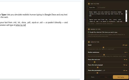 Human Typer :: Simulate human handwriting in Google Docs and text fields. Import files and type them letter by letter.