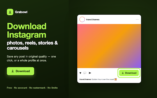 Grabowl — Instagram Video Downloader: Reels, Story, Photo & Carousel :: Save Instagram photos, videos, reels, carousels and stories at original quality. Free, no account, no limits.