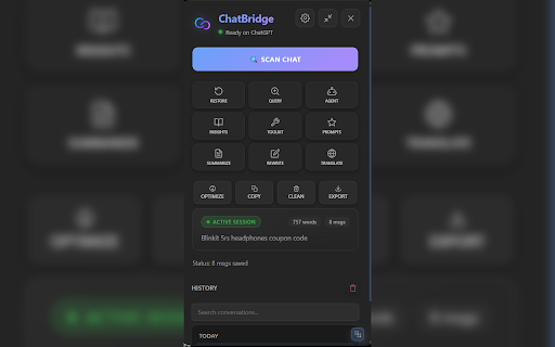 ChatBridge :: Manually scan your visible AI chat session and paste it into another AI chat. Local-only by default.