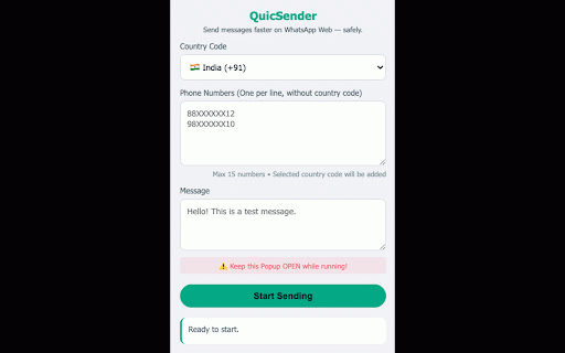 QuicSender for WhatsApp :: Send messages faster on WhatsApp Web safely. Batch messaging with safety delays and detailed reporting.