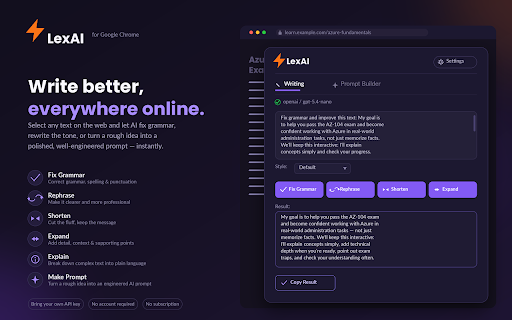 LexAI - AI Writing Assistant :: Grammar checking and writing assistance powered by your own LLM API key