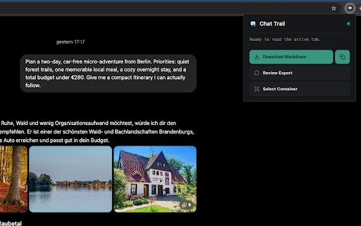 Chat Trail :: Export AI chat conversations locally as Markdown, JSON, HTML, or an evidence ZIP.