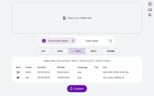Video Converter :: Convert videos to MP4, MKV, MOV, WEBM, AVI – all locally in your browser. Fast, private, and easy to use. No uploads, no data leaks.