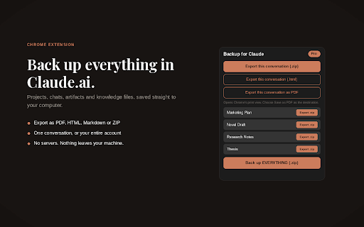 Backup for Claude: Export Projects & Chats :: Export and back up everything in Claude.ai. Save chats, projects, artifacts and files as PDF, HTML, Markdown, JSON and ZIP.