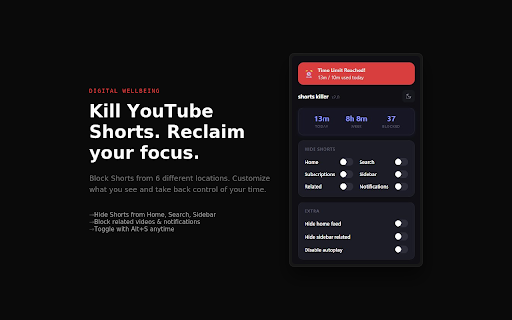 Shorts Killer - Block YouTube Shorts & Track Screen Time :: Block YouTube Shorts from your feed, search & homepage. Track screen time, set daily limits. YouTube detox for digital wellbeing.