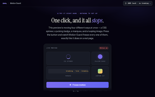 Motion Guard — Freeze Animations :: Freeze animations, transitions, JS motion, and looping GIFs in one click. Calmer pages for motion-sensitive browsing.