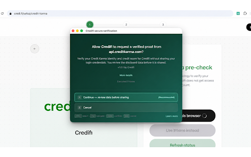 Credifi Secure Verification :: Confirm access to a Credit Karma account and a valid score before Credifi retrieves a bureau report.